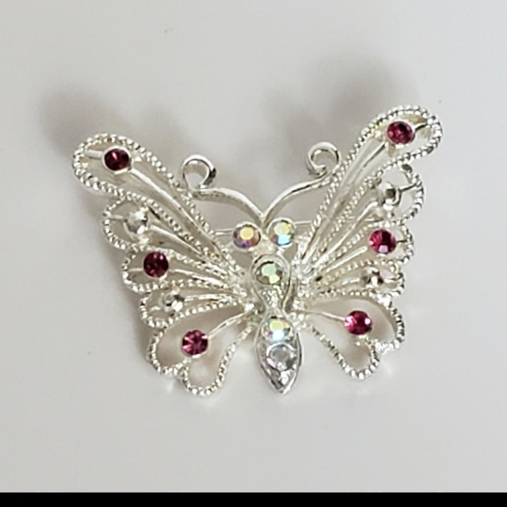 Silver-tone Filigree Butterfly Brooch Pink Crystals - Picture 3 of 7